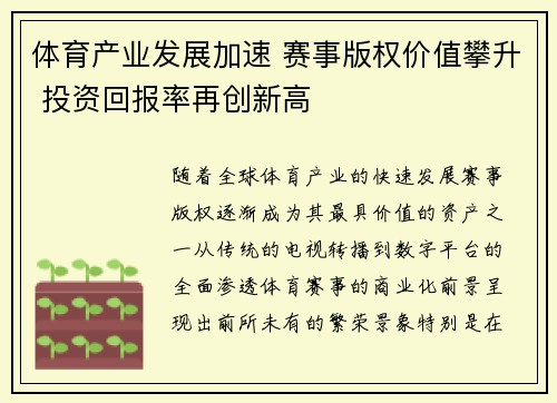 体育产业发展加速 赛事版权价值攀升 投资回报率再创新高
