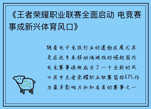 《王者荣耀职业联赛全面启动 电竞赛事成新兴体育风口》