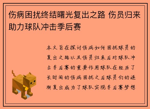 伤病困扰终结曙光复出之路 伤员归来助力球队冲击季后赛