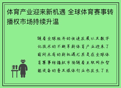 体育产业迎来新机遇 全球体育赛事转播权市场持续升温