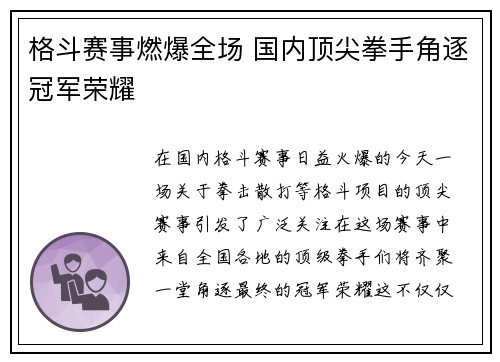 格斗赛事燃爆全场 国内顶尖拳手角逐冠军荣耀