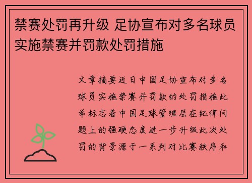 禁赛处罚再升级 足协宣布对多名球员实施禁赛并罚款处罚措施