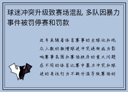 球迷冲突升级致赛场混乱 多队因暴力事件被罚停赛和罚款